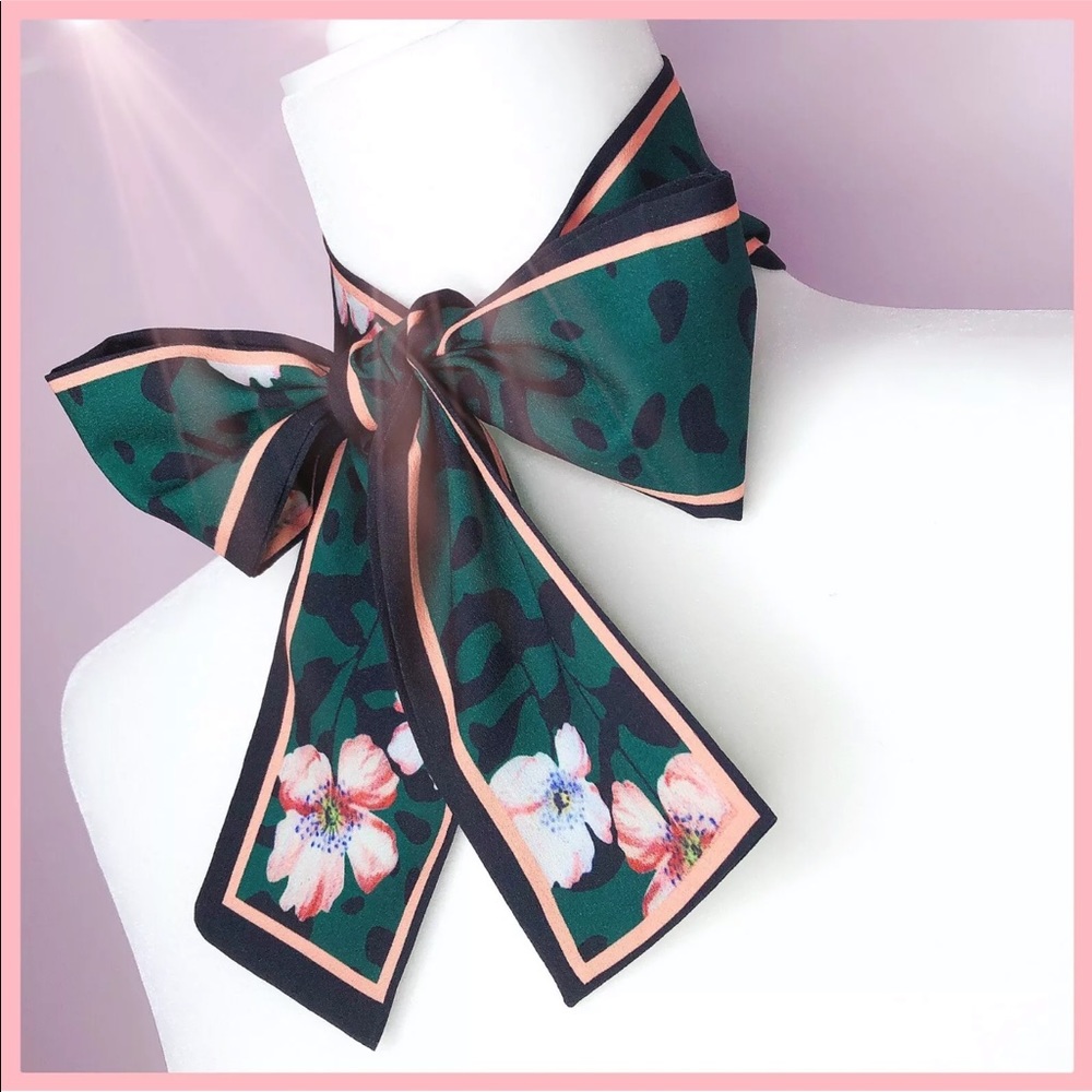 Skinny Green Flower Leopard Print Silk Scarf / Bag ribbon, head, neck scarf NEW